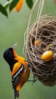 A bird is sitting on a nest with oranges photo