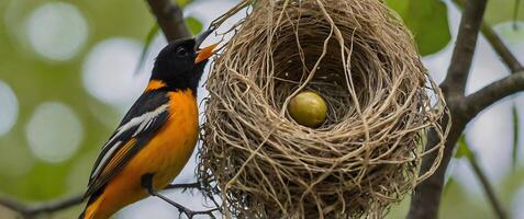 A baltimore oriole sits on a branch with an egg in its nest photo