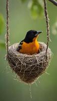 A baltimore oriole sits in a nest on a branch photo