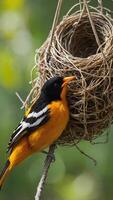 A bird is sitting on a nest photo