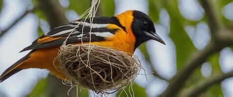 A bird is sitting on a nest with a twig photo