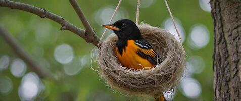A baltimore oriole sits in a nest on a tree branch photo