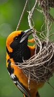 A bird is sitting on a nest with a bird in the background photo