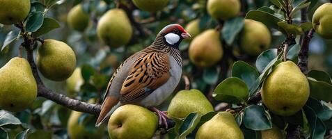 A bird is sitting on top of a tree with green apples photo