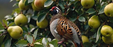 A bird is sitting on top of a tree with apples photo