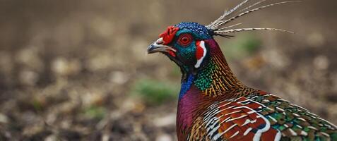 A colorful pheasant is standing in a field photo