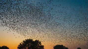 A large flock of bats fly over a field at sunset photo