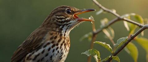 A bird with its mouth open on a branch photo