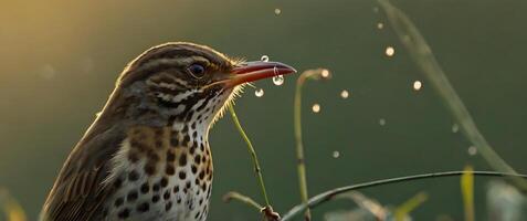 A bird is drinking water from a stream photo