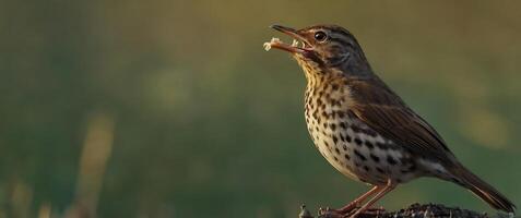 A bird is standing on a stump with its mouth open photo