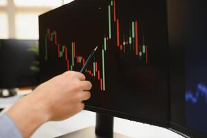 Team of stockbrokers Discussing with display screens Analyzing data, graphs and reports of stock market trading for investment photo
