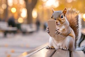 A squirrel takes a selfie with a smartphone in a park during the late afternoon light among blurred trees photo