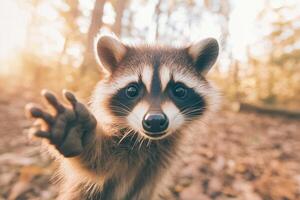 A playful raccoon reaches for the camera in a sunlit forest clearing during a warm day photo