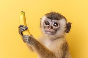 Small monkey poses playfully with banana, capturing a fun moment in soft, natural light against a bright background photo