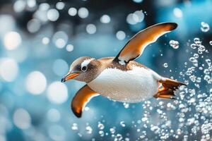 A playful penguin glides gracefully underwater surrounded by bubbles in serene natural light photo