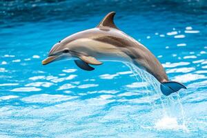 Playful dolphin leaps beneath bright sunlight creating a sparkling display on the water surface photo
