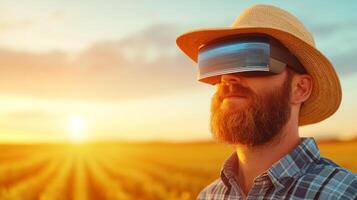 Farmer using AR glasses to monitor crop health and soil data under natural light in a vibrant field photo