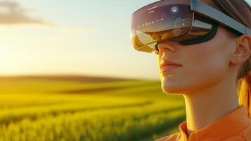 Farmer using augmented reality glasses to monitor crop health and soil data in a bright field during the day photo