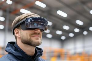 Factory worker using smart glasses to access real-time data in a bright industrial environment photo