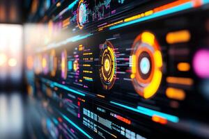 Futuristic control room with digital screens displaying AI data analytics in vivid neon lighting photo