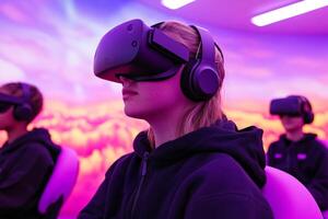 Student engaged in virtual reality learning session with classmates in modern classroom setting photo