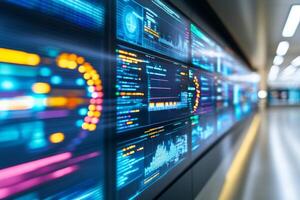 Futuristic control room featuring AI-powered data analytics displayed on digital screens with vibrant neon lighting photo