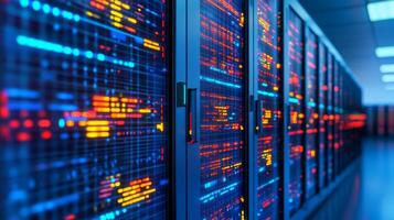 Futuristic AI-driven data center with neon lighting showcasing advanced information processing technology photo