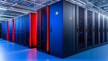 Futuristic AI-driven data center featuring neon lighting and advanced server technology in a high-tech environment photo