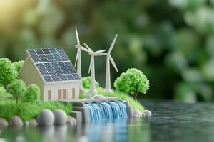 3D infographic highlights renewable energy with wind turbines, solar panels, and hydro power solutions photo