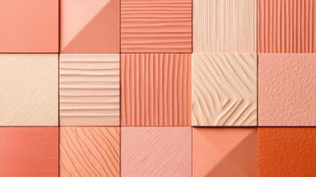 Modern geometric pattern of interlocking 3D tiles in warm earthy tones with varied textures for wall design photo