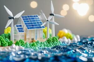 A colorful 3D infographic showcasing renewable energy sources with wind turbines, solar panels, and water features photo