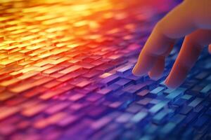 A hand exploring a vibrant tactile surface of layered 3D blocks during a digital interaction photo