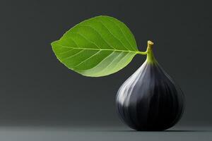 A hyperrealistic fig with glossy skin and vibrant green leaf on a minimalist dark background photo