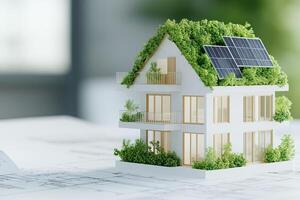 3D model of an energy-efficient smart home with green rooftops and solar panels on architectural blueprints photo
