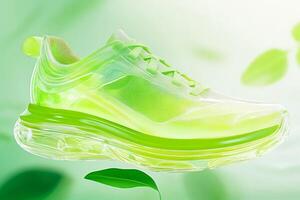 Eco-friendly futuristic sneaker design showcasing recycled materials against a soft green background photo
