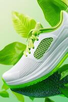 Close-up view of a futuristic eco-friendly sneaker made from recycled materials against a soft green background photo
