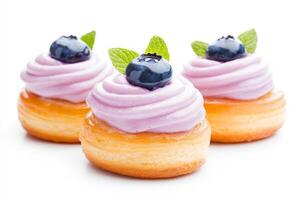 Delightful Danish pastry topped with blueberry and cream cheese swirl on a bright white background photo