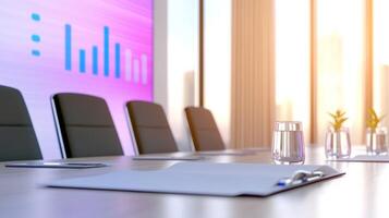 Businessman presenting data in a modern conference room with holographic display of analytics and charts during the day photo