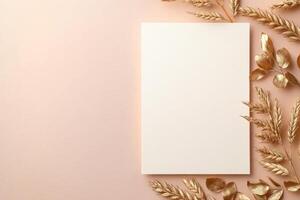 Elegant minimalist wedding invitation mockup with dried leaves and wheat on a soft beige background photo