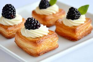 Delicious crispy Danish pastries with cream cheese and fresh blackberries on a white tray for a delightful presentation photo