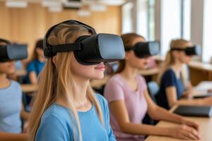 Students engaging with virtual reality technology in a modern classroom setting photo