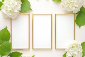 Elegant wedding invitation layout with golden frames and white hydrangeas on a soft backdrop photo
