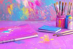 Creative artists desk with vibrant sketchbooks and colorful paint tubes in a dynamic workspace photo