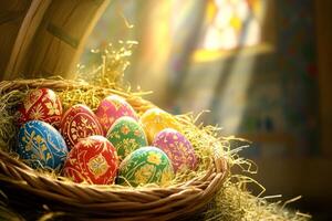 Golden-lit Easter celebration with a wicker basket full of painted eggs and soft hay photo