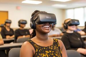 Students engaged in virtual reality learning in a classroom during a modern educational session photo