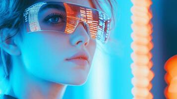 Engineer wearing augmented reality glasses examines holographic data and industrial schematics in a futuristic workspace photo
