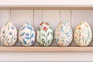 Antique-style Easter eggs with floral patterns displayed on a wooden shelf for a nostalgic touch photo