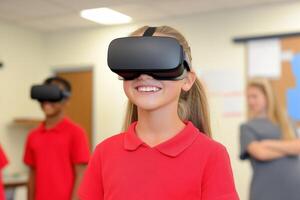 Students engage in virtual reality exploration in a modern classroom setting photo