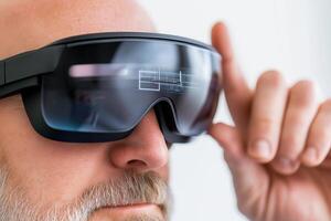 Factory worker using smart glasses with AR interface to access operational data in a bright industrial setting photo