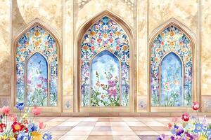 Colorful Mughal palace archway with symmetrical floral patterns, showcasing Indian royal architecture photo